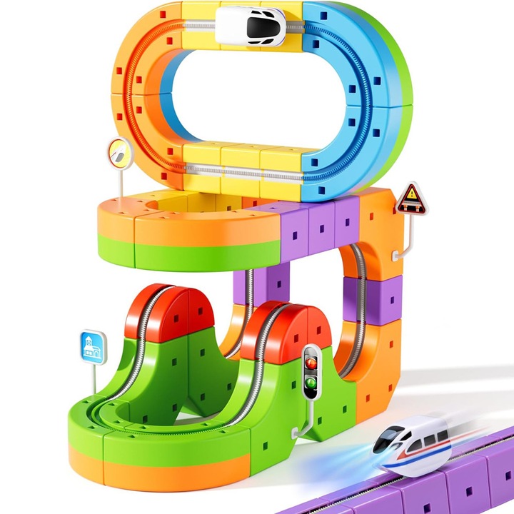 Baowor® Trenulet electric, Set Tren Electric Traseu 3D, 48 piese, Sistem Constructie DIY Clip-Fit, Magnetism Feroviar, Jucarie Educativa pentru Copii 3–10 ani, Set Constructie Tren cu Pante, Bucla, Poduri si Trasee Creative, Multicolor
