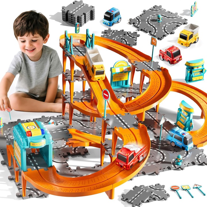 Baowor® garaj jucarie pista masini montessori cu 95+ pcs 19 Curbe 22 Portiuni Drepte 3 Masini Jucarie Interactiva Jocuri Jucarii Jucarie Educativa Inteligenta Masinuta de Jucarie Masina de Jucarie pista masinute Jucarie Masinile de Curse Gri