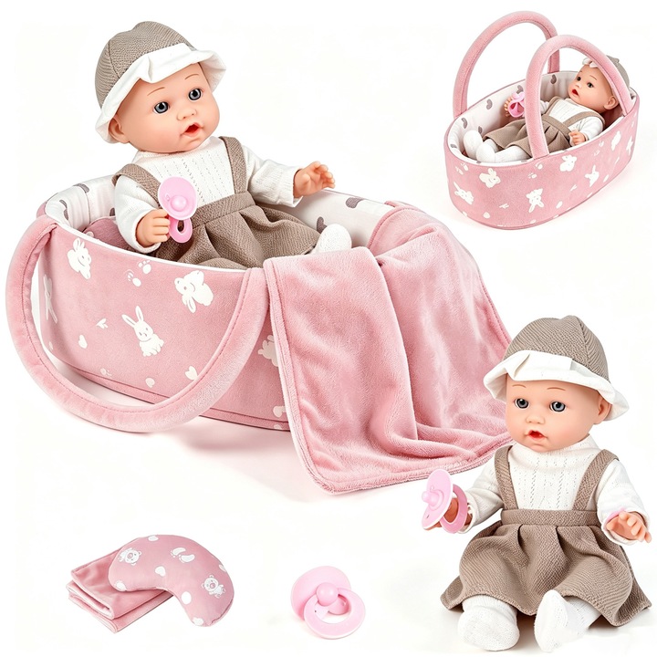 Baowor® Papusa Bebelus pentru Copii, cu Cap, Maini si Picioare din Cauciuc, Corp Moale, Suzeta cu Sunete, Haine Detasabile, Inaltime 30cm, cadou bun pentru ziua de nastere a copilului dvs, Craciun sau alte sarbatori, 3ani+