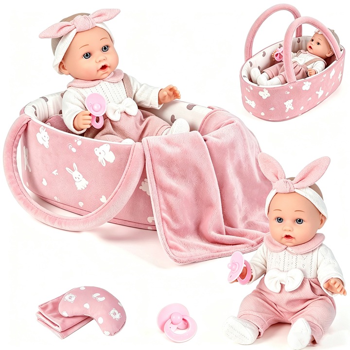 Baowor® Papusa Bebelus, 4 Accesorii: Cos Perina Patura si Suzeta Papusa Papusica Papusile Inaltime 30cm, 0~3 luni, Un cadou bun pentru ziua de nastere a copilului dvs, Craciun sau alte sarbatori, Roz
