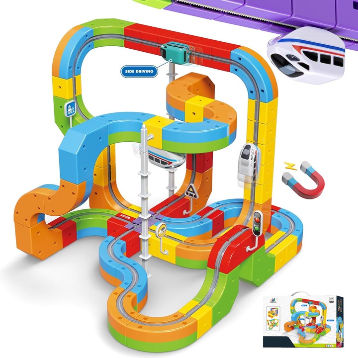 Baowor® Монтесори играчка, комплект 3D модулен влак с релси с движение на 360°, 2 влака за деца, играчка влак, играчки влакове, играчка влакче, комплект електрическо влакче, влакче на релси, интерактивна STEM играчка, без BPA