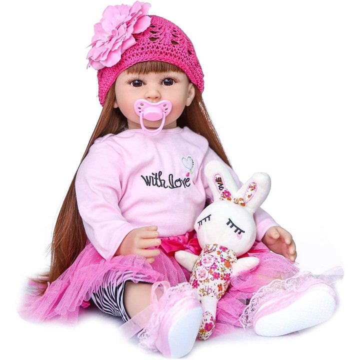 Baowor® Papusa Copii simulata renascuta Realizata Manual cu Piele Realista si Ochii Acrilici Mari Papusa Papusica Papusile Papusi Jucarie Educativa Montessori activitati Jucarie Interactiva Joc pentru Copii Jucarie Copii Cadou Perfect Vinil Roz