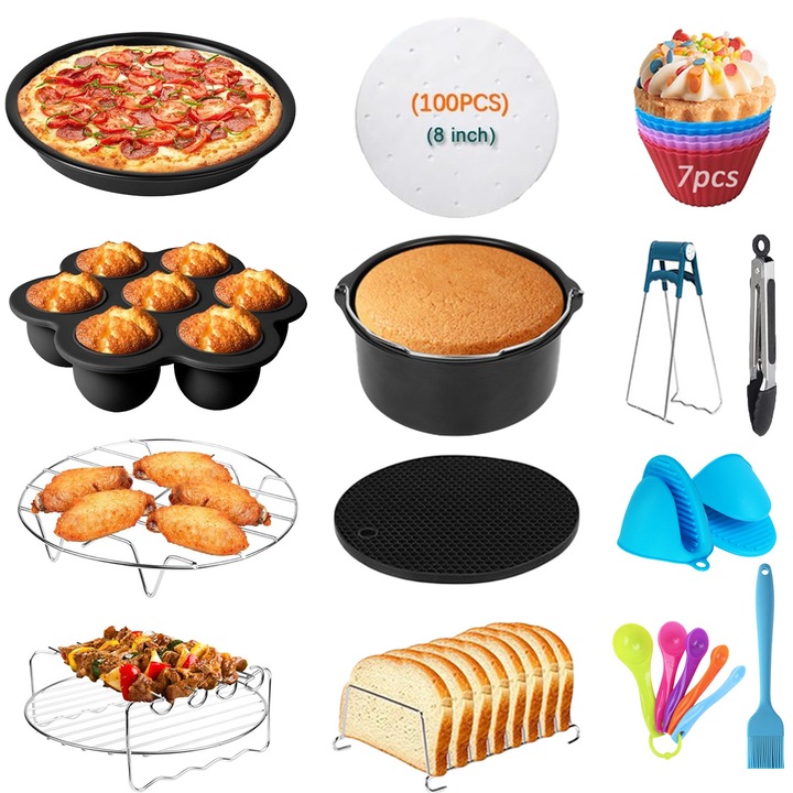 Baowor® Air Fryer tartozékkészlet, 22 darabos 8 hüvelykes Air Fryer tartozék Ninjia Cosori 3.2-6.8L Air Fryerhez, tortaforma, pizzatálca, grillrács, sütőedény, ecset, csipesz, tökéletes ajándék