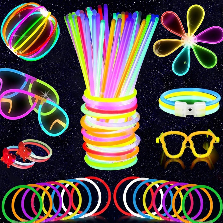 Baowor® Set 100 bratari fosforescente bratari luminoase betisoare glow sticks pentru petreceri baluri nunti baruri festivaluri muzicale concerte si diverse sarbatori Cadou Perfect 20cm Multicolor