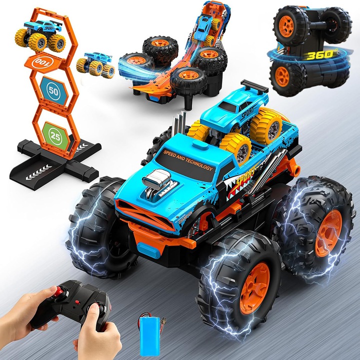Baowor® RC Off-Road Stunt Autó Távirányítós Monster Truck 4x4 360°-os Forgás 1:16 2.4GHz 10km/h Átalakítható 360°-os Indítópálya Pontozó Kapu Drift Játékok Távirányítós Autók/Kisautó Gyerekeknek Nagy Teljesítményű Terepjáró Autó 3 Év+ Kék