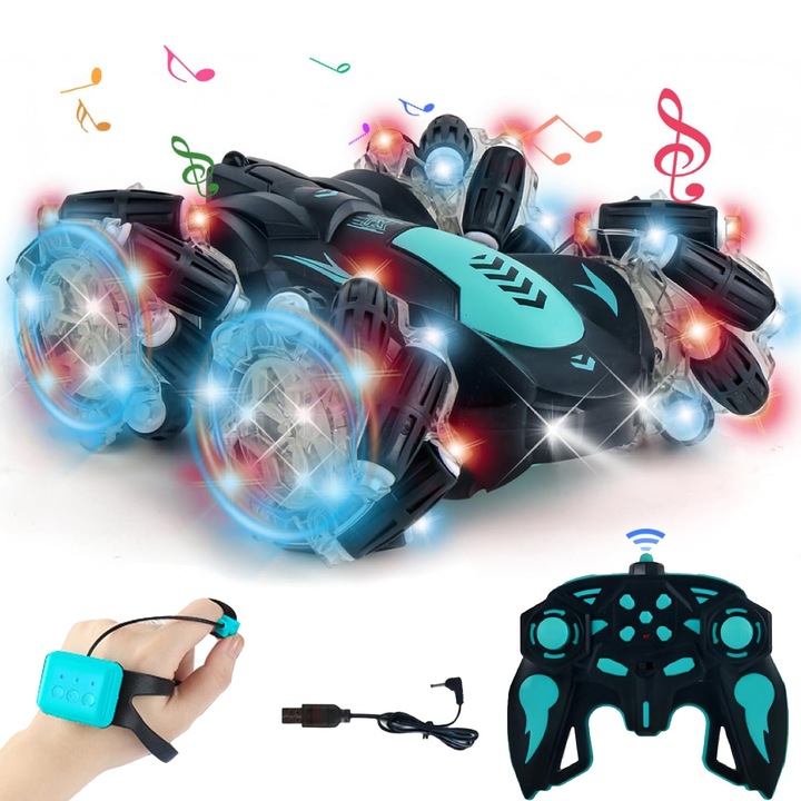 Baowor® Masina Off-Road cu Telecomanda RC pentru copii Masinuta Cascadorii senzor de mana cu Control Gestual 2.4GHz 4x4 Rotatii 360° Lumini LED Derapaj Muzica jucarii masini masinute pentru copii cu Telecomanda Copii Masina de Teren Performanta Verde