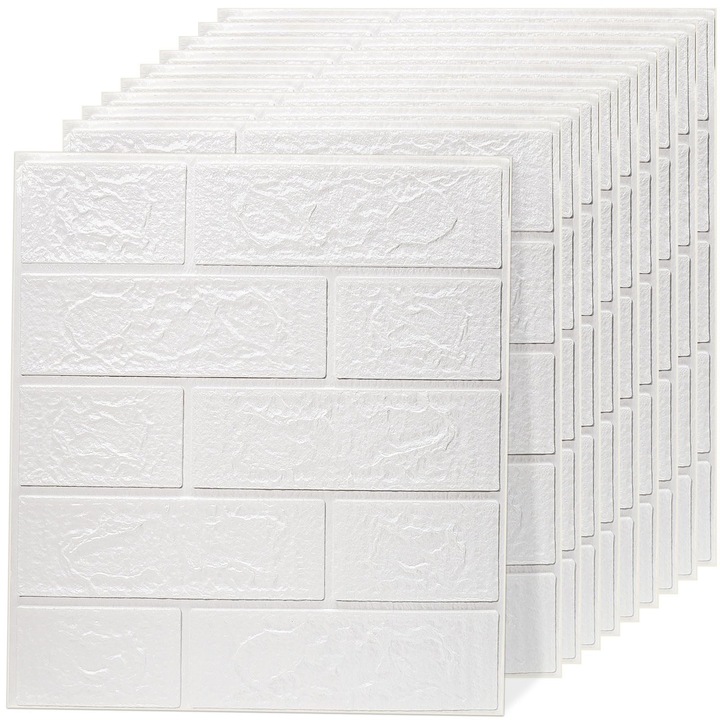 50 de Tapet 3D Autoadeziv, design modern, rezistent la apa, usor de curatat, dimensiuni 38cm x 35cm, model caramida in relief, Alb