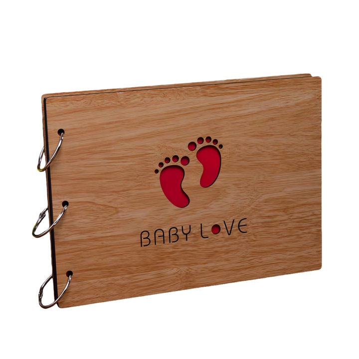 BABY LOVE - Személyre szabott fa fotóalbum, Kézműves scrapbook gyűrűkkel, 60 oldal az emlékeknek
