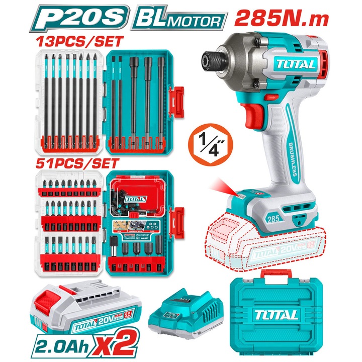 TOTAL 20V ütvecsavarozó, 285 Nm, 64 bites ütés, 2 db 2Ah akkumulátor és töltő mellékelve