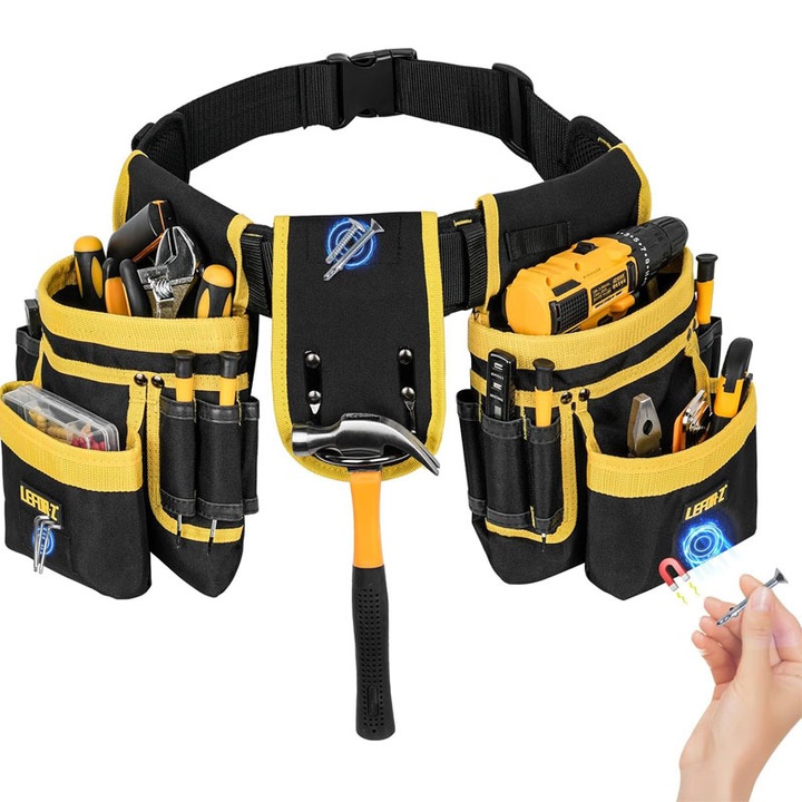 Curea pentru scule, Buzunar magnetic pentru scule, Curele pentru scule captusite, rezistente, cu 27 de buzunare pentru barbati, Geanta detasabila si reglabila pentru scule pentru electrician, tamplar, constructii, Sort d