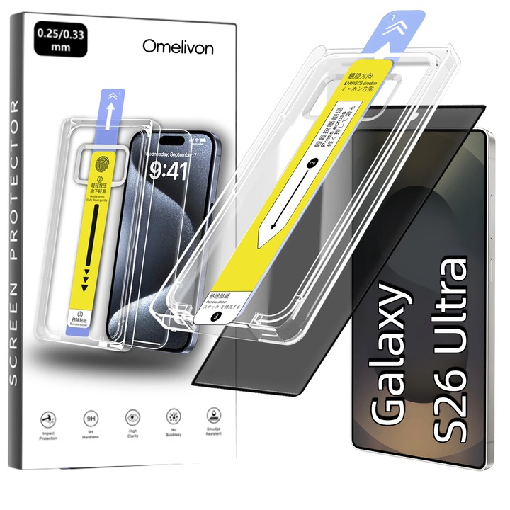 Folie de Protectie Privacy pentru Samsung Galaxy S26 Ultra, Omelivon, Sticla Securizata, Full Cover, Margini negre, cu Kit de Aplicare Instanta si Functie Automata de Indepartare a Prafului, Duritate 9H, Ultra HD, advanced touch sensitivity, Anti Amprente