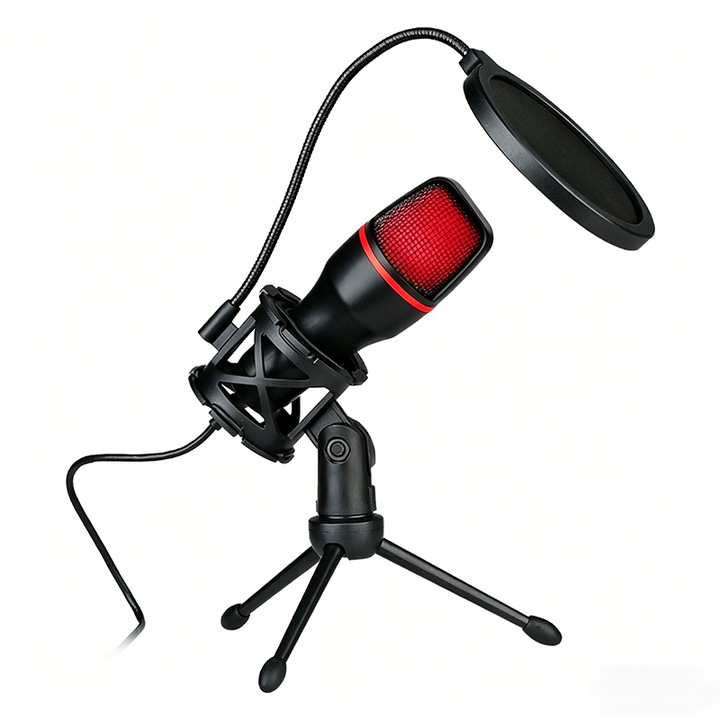 Microfon Gaming, pentru Streaming, Omelivon, iluminare RGB, Sistem Zgomotului, Cardioid, Pop-Filter, Suport soc Ajustabil, Condensator, Compatibil Windows, MacOS, PS4, PS5