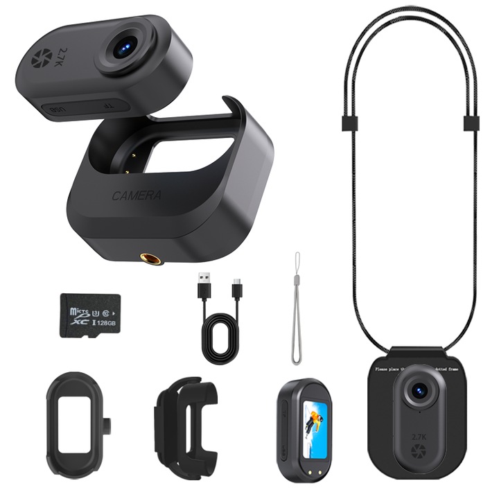 Camera de actiune, rezolutie 2.7K, stocare 128GB, chinga magnetica, ecran HD de 1.47 inch, obiectiv cu unghi larg de 120°, stabilizare a imaginii, potrivita pentru sporturi in aer liber, portabila, negru