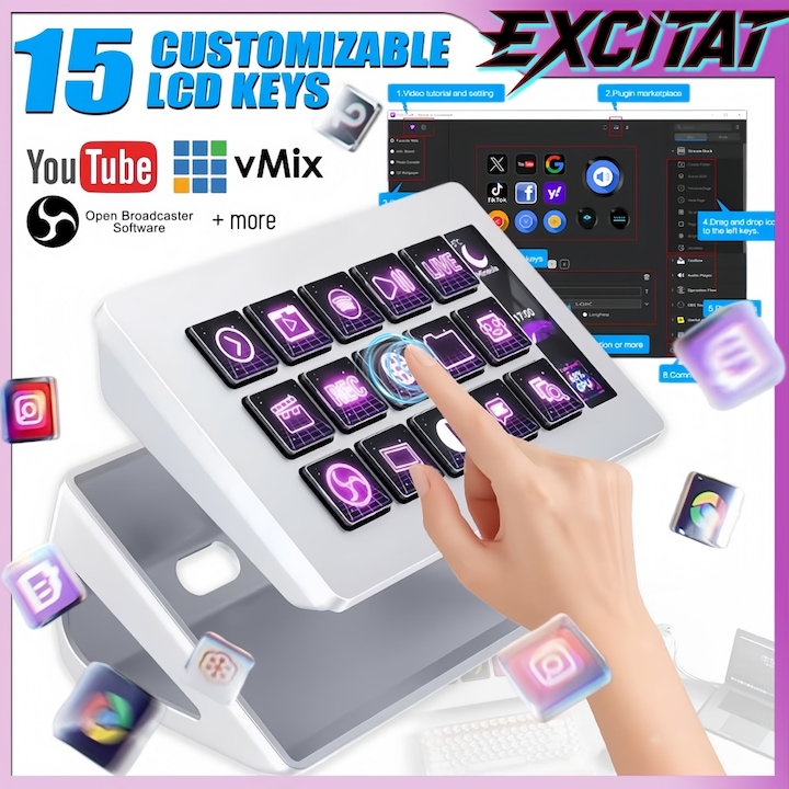 Stream Deck Excitat®, Consola streaming programabila, 15 taste macro LCD personalizabile, 3 ecrane laterale, USB, suport de birou, functioneaza cu OBS, YouTube, Twitch, etc., compatibil cu PC & MAC, Alb