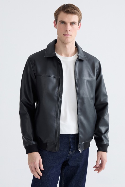 LC WAIKIKI, Jacheta din piele ecologica cu guler ascutit, Negru stins