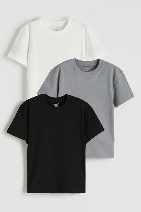 LC WAIKIKI, Set de tricouri din bumbac cu model uni - 3 piese, Alb/Negru/Gri deschis melange