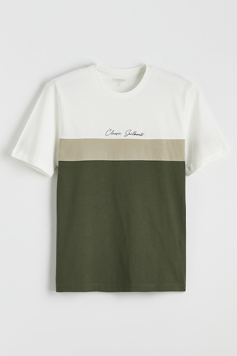 LC WAIKIKI, Tricou din bumbac cu model colorblock, Alb, Verde masliniu, L