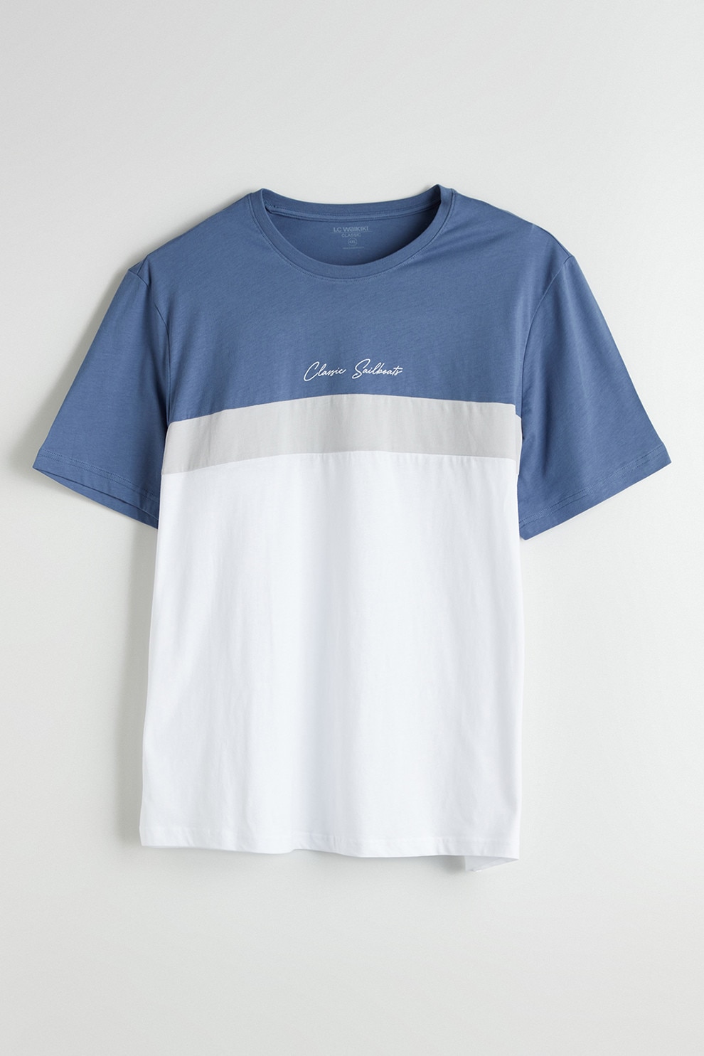 LC WAIKIKI, Tricou din bumbac cu model colorblock, Alb, Albastru indigo, L