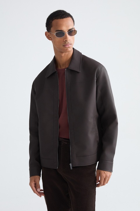 LC WAIKIKI, Jacheta din piele ecologica cu guler clasic, Maro inchis