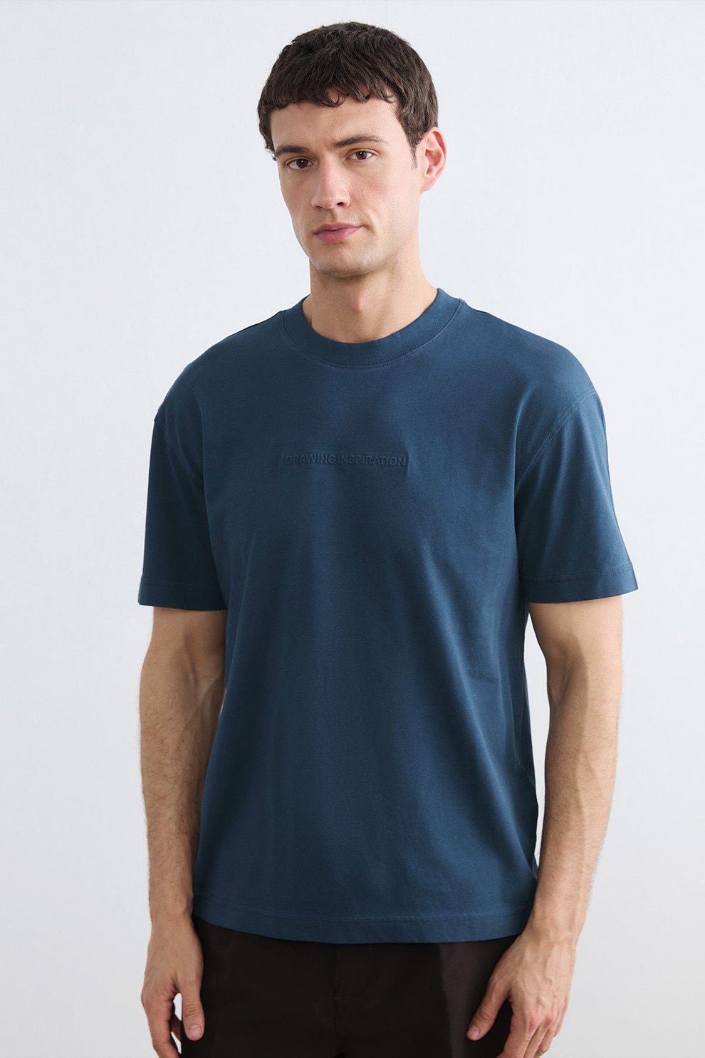 LC WAIKIKI, Tricou cu decolteu la baza gatului si text in relief, Albastru petrol, M