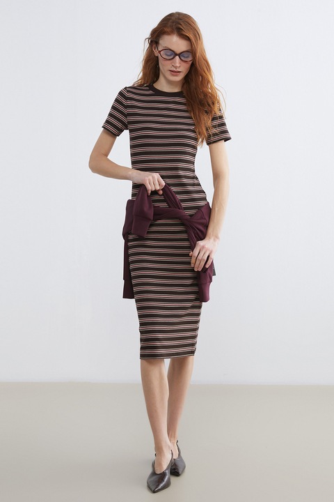 LC WAIKIKI, Rochie midi cu striatii si dungi, Alb, Maro inchis, Roz deschis, 2XL