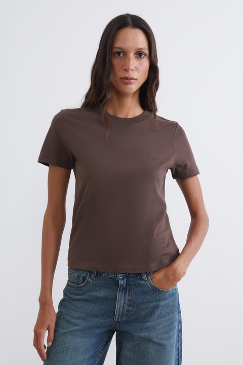 LC WAIKIKI, Tricou din bumbac cu broderie, Maro pamantiu, M