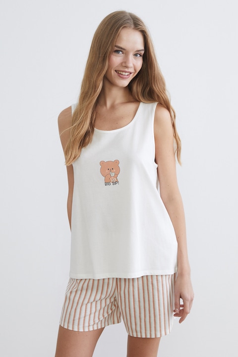 LC WAIKIKI, Pijama de bumbac cu pantaloni scurti si imprimeu, Alb/Roz somon