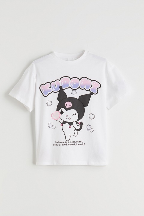 LC WAIKIKI, Tricou de bumbac cu imprimeu Kuromi, Alb/Negru/Roz pastel