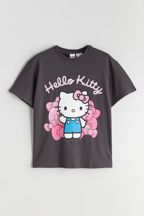 LC WAIKIKI, Tricou de bumbac cu imprimeu Hello Kitty, Alb, Gri inchis, Roz pastel, 146-152 CM