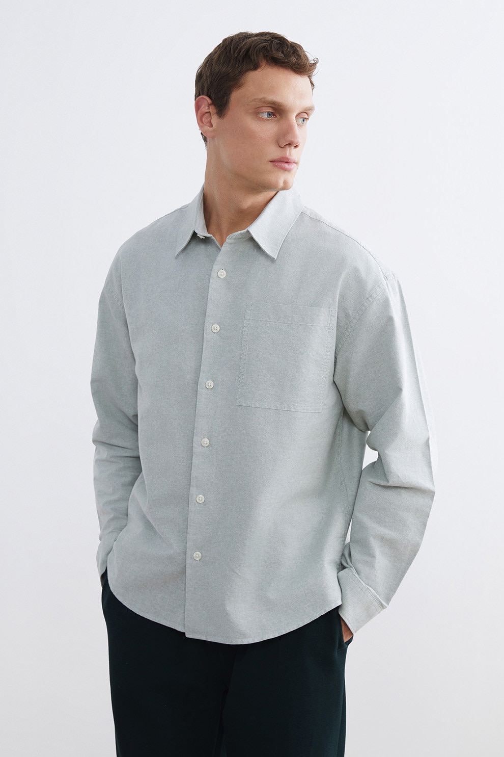 LC WAIKIKI, Camasa de bumbac cu buzunar pe piept, Gri cenusiu, M