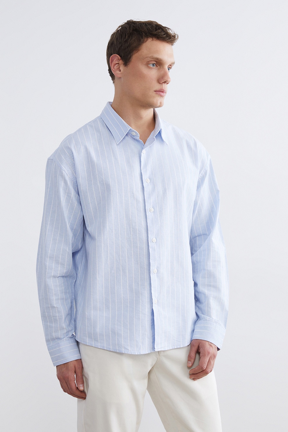 LC WAIKIKI, Camasa lejera de bumbac cu model in dungi, Alb, Albastru lavanda, XL