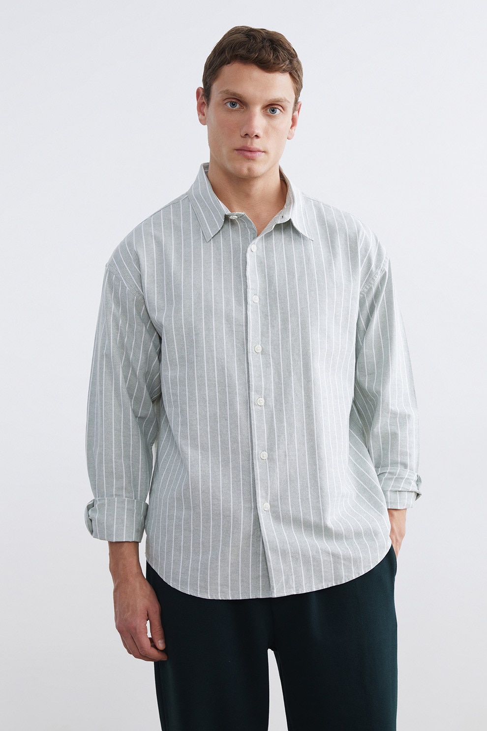 LC WAIKIKI, Camasa lejera de bumbac cu model in dungi, Alb, Gri cenusiu, M