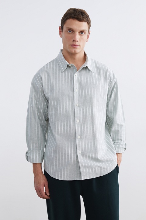 LC WAIKIKI, Camasa lejera de bumbac cu model in dungi, Alb/Gri cenusiu