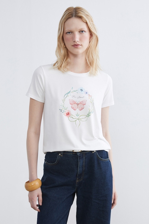 LC WAIKIKI, Tricou lejer cu imprimeu fluture, Alb, Roz, Verde deschis, M