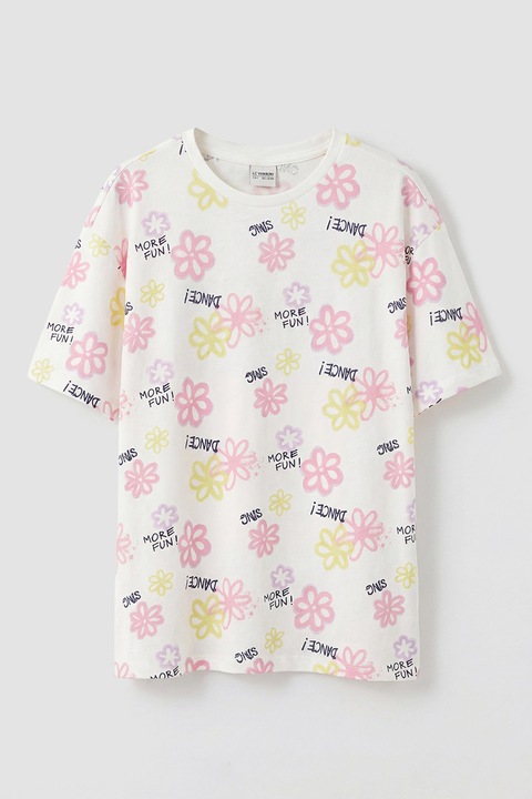 LC WAIKIKI, Tricou lejer de bumbac cu imprimeu, Alb, Roz, Lila, 134-140 CM