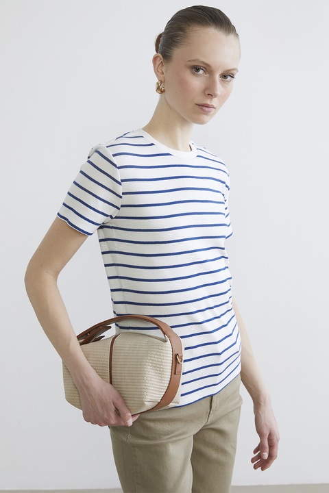 LC WAIKIKI, Tricou din amestec de bumbac cu model in dungi, Albastru royal/Alb optic