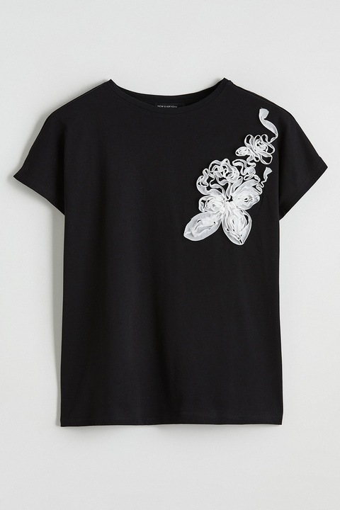 LC WAIKIKI, Tricou din bumbac cu aplicatie 3D, Negru, Alb optic, 3XL