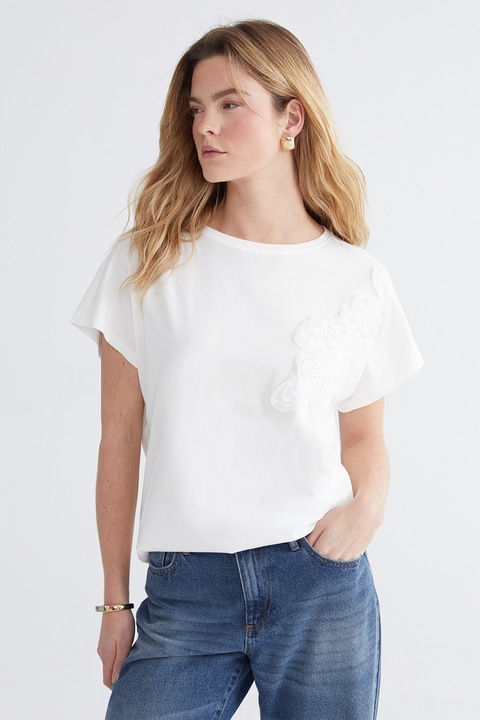 LC WAIKIKI, Tricou din bumbac cu aplicatie 3D, Alb murdar