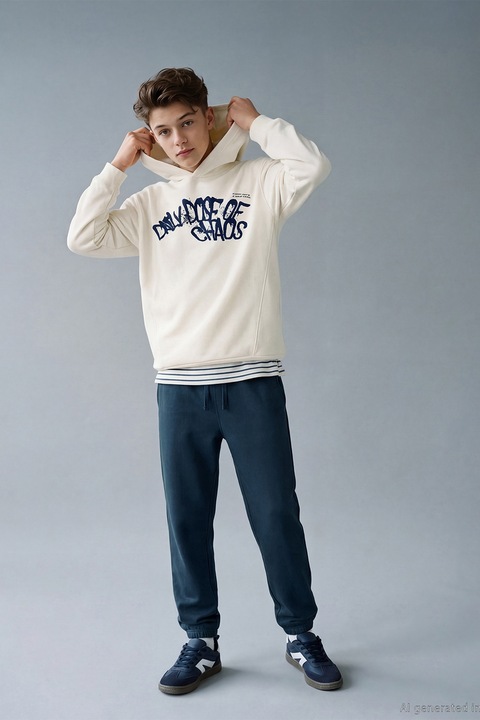 LC WAIKIKI, Set de hanorac si pantaloni de trening din amestec de bumbac - 2 piese, Alb/Bleumarin, 158-164 CM