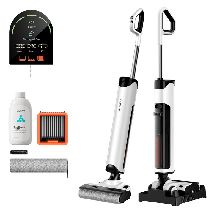 Aspirator vertical cu spalare Uwant D500, 17000PA, 230W, Mop cu intindere plana la 180°, Uscare silentioasa cu aer cald la 65°C, Autocuratare, Curatare margini pe trei laturi, Design anti-incurcare, Perie de podea impermeabila IPX6
