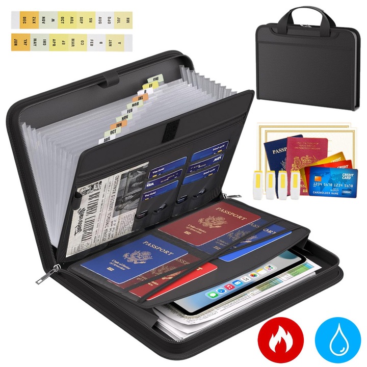 Dosar Acordeon, Dosar Extensibil Ignifug Cu Compartimente Multiple, Organizator De Documente Cu 12 Buzunare Cu Maner Si Etichete, Portabil Pentru Acasa, Calatorii, Depozitare Sigura Pentru Scrisori
