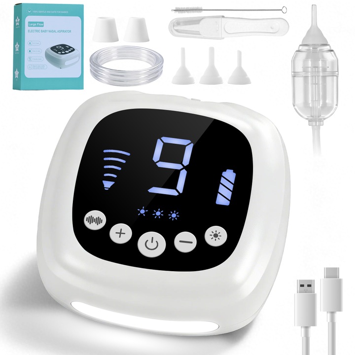 Aspirator nazal electric DEWINNER, kit igiena nazala silentiosa pentru bebelusi si copii, 9 trepte de aspiratie, 3 duze silicon alimentar, muzica, lumina de veghe, anti-reflux