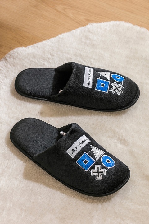 LC WAIKIKI, Papuci de casa din material textil cu model cu broderie, Gri inchis