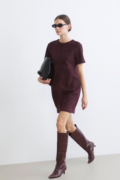 LC WAIKIKI, Rochie scurta din piele intoarsa ecologica cu fermoar pe partea din spate, Rosu inchis