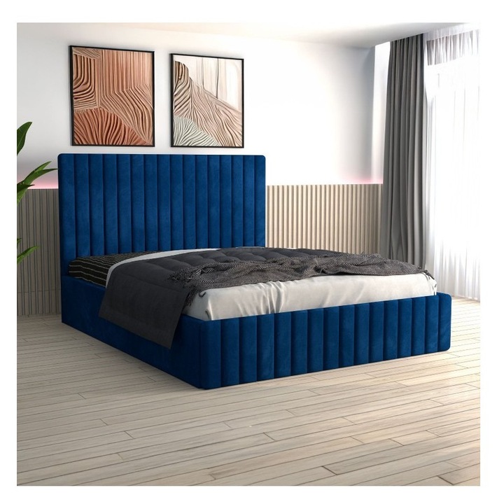 Pat tapitat Luca AmzMob, culoare albastru, saltea ortopedica 140x200