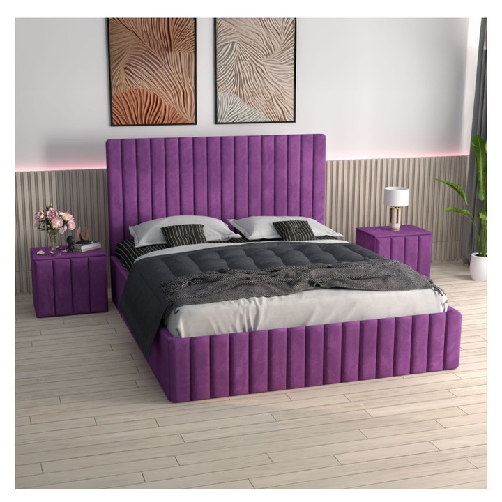 Pat tapitat Luca AmzMob, culoare MOV, cu saltea ortopedica si noptiere tapitate 160x200