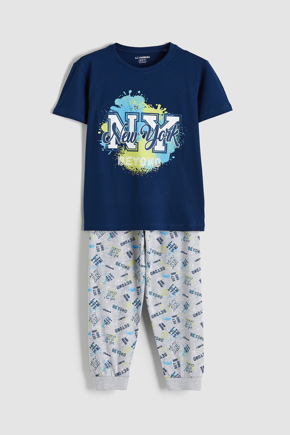 LC WAIKIKI, Pijama cu imprimeu grafic, Gri, Bleumarin, 146-152 CM
