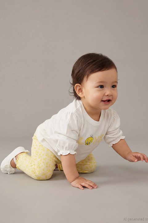 LC WAIKIKI, Set de bluza cu imprimeu si pantaloni - 2 piese, Alb/Galben, 98-104 CM