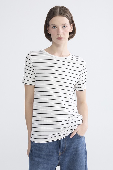 LC WAIKIKI, Tricou cu decolteu la baza gatului si dungi, Alb/Negru