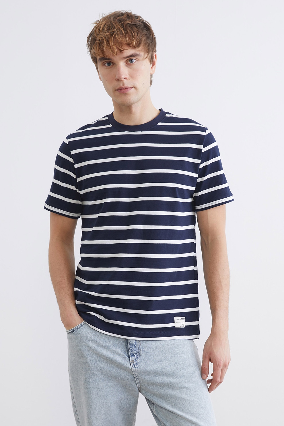 LC WAIKIKI, Tricou din bumbac cu dungi, Alb, Bleumarin, M